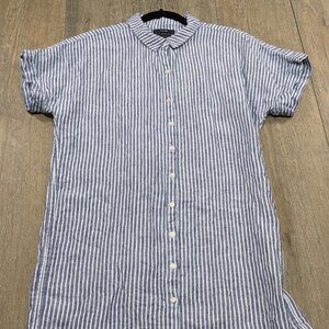 Tahari Linen Shirt Dress Womens Medium Blue White Stripe Short Sleeve Button
